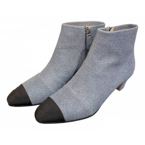 Chanel Denim Cap Toe Ankle Boots Blue Black Size 36.5 - Picture 1 of 7